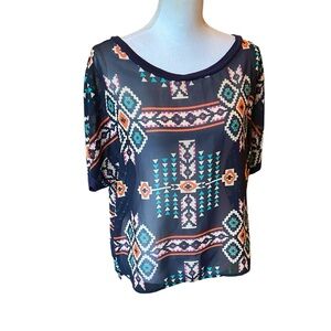 Easel Sheer Tribal Print Blouse Size L Dark Navy Oversized Boxy Layering Piece